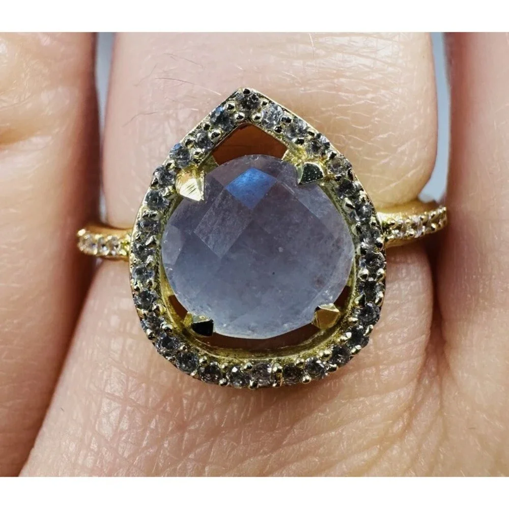 Bomb Party Ring Size 8 Gold Tone Gray Faceted Pear Halo Statement Ring NWT